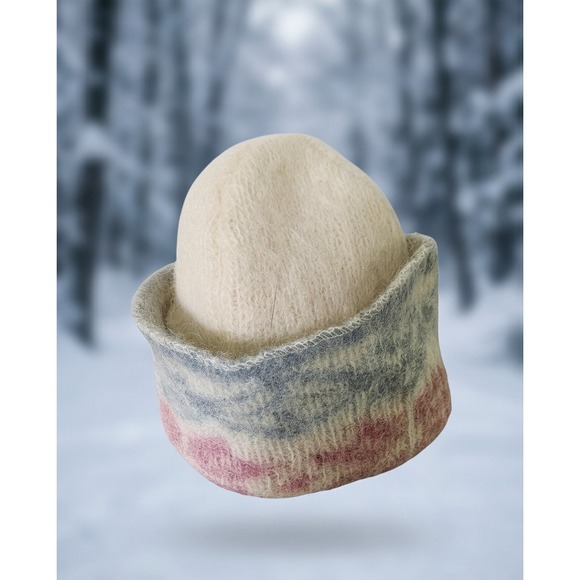 Vintage Samband of Iceland Wool Hat Fair Isle Knit Beanie Cap Cream Blue Pink main image 5